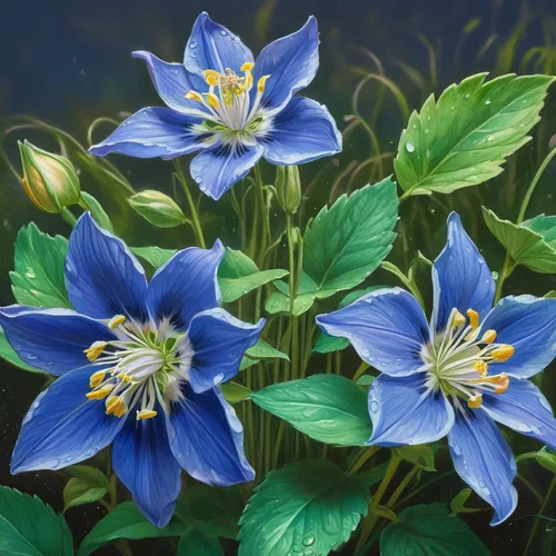 blue columbine flowers, detailed petals, realistic textures, dew drops on leaves, vibrant green foliage, garden environment, soft ambient lighting, close-up shot, depth of field, serene atmosphere, So