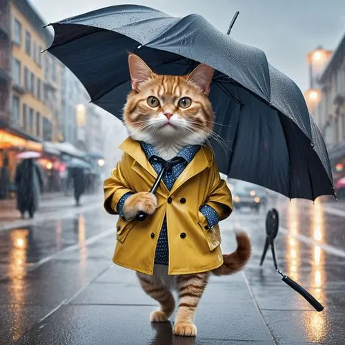 rain cats and dogs,orange tabby cat,man with umbrella,brolly,ginger cat,raincoat,walking in the rain,orange tabby,protection from rain,street cat,pluie,rain protection,rainwear,ukrainy,red tabby,rainman,rainy day,godeffroy,rainy weather,weathercaster,Photography,General,Realistic