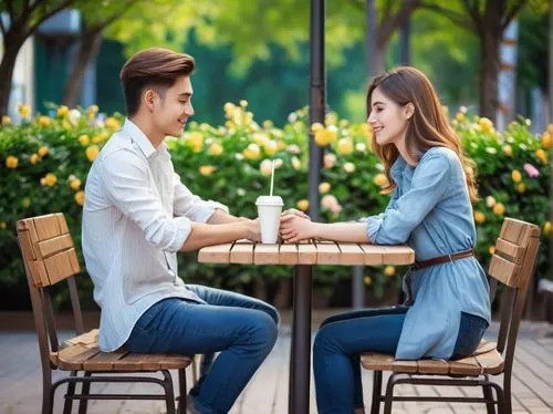 Cute couple, holding hands, tender facial expression, soft smile, bright eyes, gentle hairstyle, casual clothing, denim jeans, white shirt, striped t-shirt, sneakers, sandals, warm sunny day, outdoor 