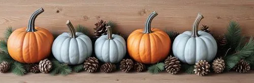 a set of four fall pumpkins on a pine cone garland,seasonal autumn decoration,gourds,autumn decoration,decorative squashes,ornamental gourds,decorative pumpkins