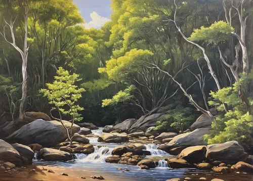 brook landscape,flowing creek,river cooter,river landscape,riparian forest,mountain stream,tasmania,a river,forest landscape,new south wales,nsw,streams,mountain river,oil painting,a small waterfall,watercourse,painting technique,oil on canvas,mountain spring,the brook,Illustration,Black and White,Black and White 29