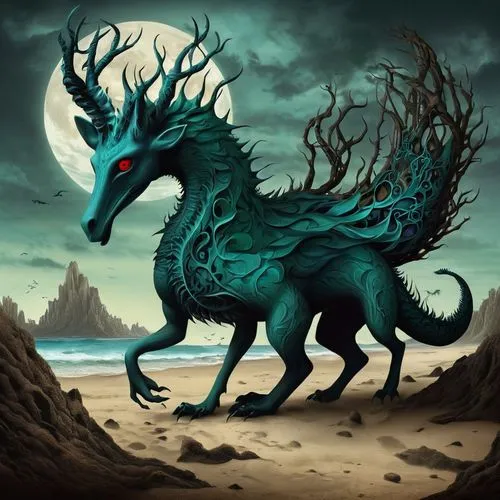 forest dragon,trioceros,kelpie,capricorn,black dragon,moraine,constellation wolf,wyrm,fantasy art,the zodiac sign pisces,the zodiac sign taurus,dragon of earth,green dragon,painted dragon,fantasy picture,mythical creature,supernatural creature,draconic,howling wolf,black horse,Illustration,Black and White,Black and White 07