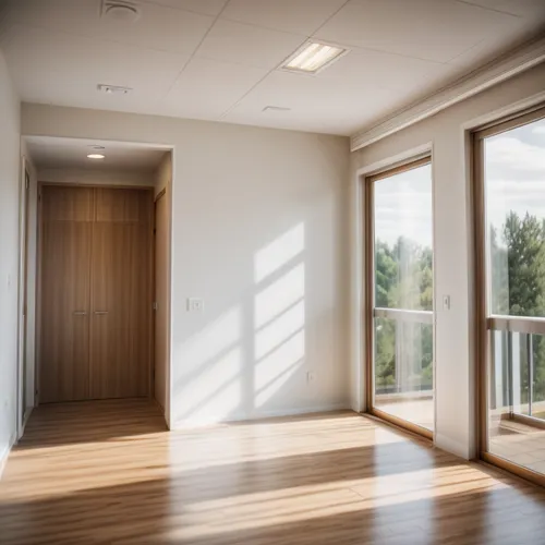 create 2 additional images with an angled wall as the focal point,daylighting,hallway space,electrochromic,laminated wood,window blinds,wooden windows,hinged doors,modern room,fenestration,windowblind