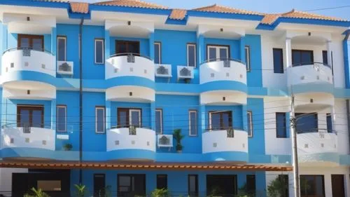 I need to blue white  new modern house,an apartment building with two floors and multiple balconies,djerba,dakhla,kismayo,baidoa,varadero,benadir,Photography,General,Realistic