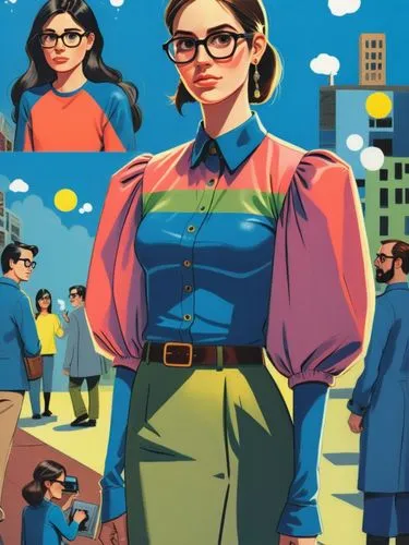 Design a funny comic page for a youth magazine in rich colors (RGB).,a drawing of a woman with a tie and glasses,zamka,pauling,retro women,sewing pattern girls,pitchwoman,retro woman,Illustration,Vect