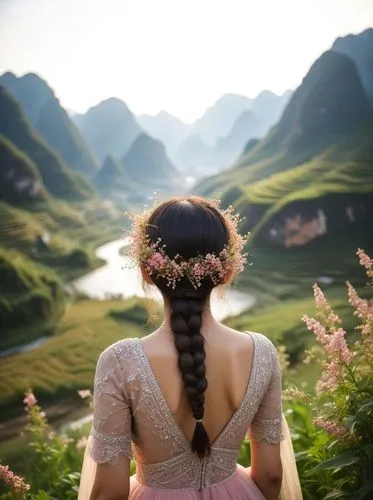 spectacular scene of Ha Giang nature in the background, layers of rounded karst mountains, a beautiful picturesque valley and a small sparkling river in the middle, a meadow of short blush small wild 