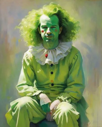 green clown,it,scary clown,creepy clown,clown,horror clown,patrol,syndrome,oil on canvas,rodeo clown,frankenstein,bodypainting,painting technique,head of lettuce,self portrait,menta,self-portrait,wick