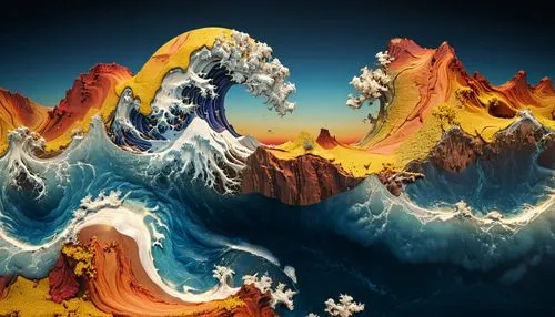 Waves of Kanagawa as Nova fractals: Create 3D Ukiyo-E wood block print using these Fractals mandelbulb mandelbrot 8K 3D iridescent liminal Cinema 4D CryEngine deviantart, Duane Hanson , Roberto Bernar