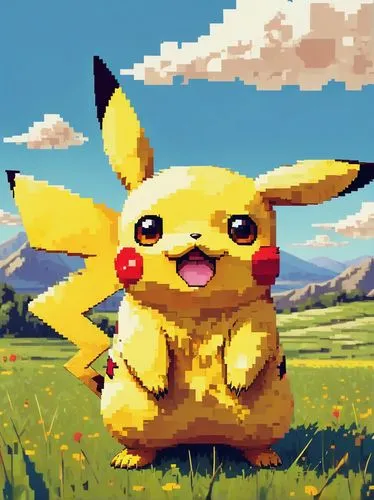 Cute Pikachu, pixel art style, yellow fur, red circles on cheeks, big eyes, sweet facial expression, standing pose, front view, grassland, sunny day, few white clouds, simple blue sky, 8-bit retro aes