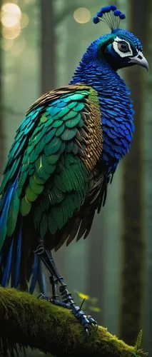 Transformers, robotic animals, peacock, vibrant plumage, metallic feathers, glowing blue optics, sharp talons, intricate circuitry patterns, majestic pose, standing, forest, misty atmosphere, morning 