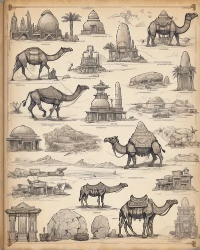 cartoon elephants,camels,bedouins,camel caravan,elephants,elephantine,dinotopia,nomadic people,roof domes,orientalist,round animals,animal icons,elephant camp,civilizations,houses clipart,pachyderms,arabic background,dromedaries,fairy tale icons,elephant herd,Unique,Design,Blueprint