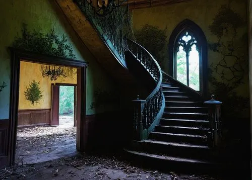 Abandoned, old, mysterious, haunted mansion, Gothic architecture, grand staircase, cobwebs, dusty chandeliers, creepy atmosphere, dark shadows, dim lighting, foggy night, full moon, eerie sounds, crea