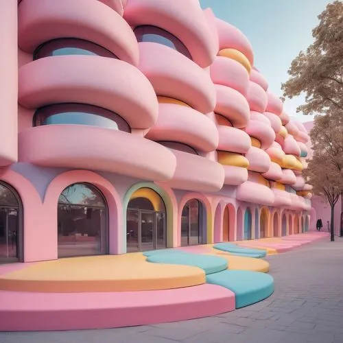 theater building where the seating and exterior facade mimic layers of macarons, with different sections featuring pastel colors. The rounded shapes and smooth surfaces resemble the curves of the swee