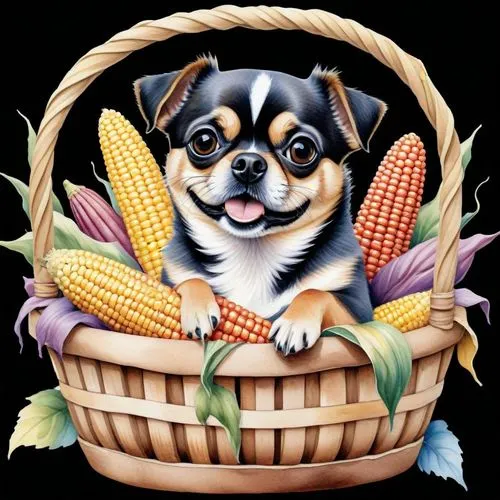 a cute dog is sitting in a basket filled with corn,playcorn,cornhusker,vegetable basket,maize,cartoon corn,dog illustration