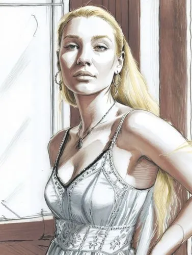 simple drawing of a woman with blonde hair in a dress near a window,a woman with blonde hair posing in front of a window,margaery,margairaz,rotoscoped,sigyn,morgause,digital drawing,Conceptual Art,Fan