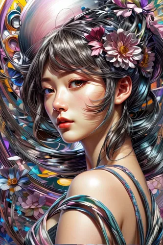 fantasy portrait,flora,flower fairy,girl in flowers,japanese floral background,falling flowers,petals,mystical portrait of a girl,kahila garland-lily,floral japanese,sea of flowers,wreath of flowers,flowers celestial,flower painting,blossoms,world digital painting,digital painting,fae,colorful floral,blooming wreath