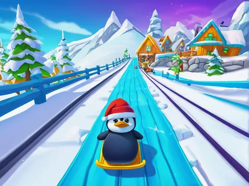 gnome skiing,gnome ice skating,pororo the little penguin,cartoon video game background,snow slope,ski race,snow trail,toboggan,penguin enemy,penguin parade,big penguin,winter background,choo choo train,north pole,rock penguin,penguin,railroad,railroad track,ski cross,ice racing,Art,Classical Oil Painting,Classical Oil Painting 04