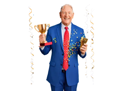 Trophy, golden cup, confetti, colorful balloons, cheerful atmosphere, successful businessman, mature man, suits, tie, smiling face, bright eyes, raised arms, holding trophy, panoramic view, warm light