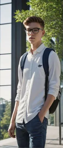 Male student, university setting, architectural engineering degree, solo, (20yo), glasses, short brown hair, casual wear, white shirt, dark blue jeans, Adidas sneakers, backpack, pens and pencils in h