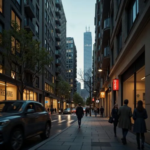 1 aspect ratio, high-contrast color grading, gritty realistic rendering.,the city street has tall buildings along it and people walking,5th avenue,new york streets,cheapside,streetscape,50th street,st