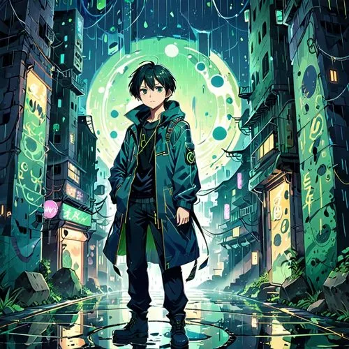 Digital and data abstract background in comic book style with circles connected by lines, and lines of code, gold and blue-green gradient hue.,Emerald Anime,shigehiro,akira,kawamori,deku,yoshiji,okumu