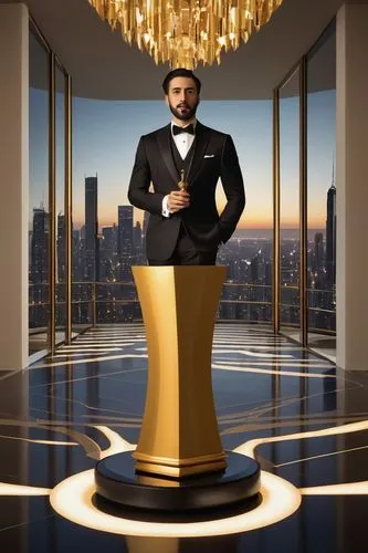 Modern architecture, award ceremony, luxurious interior, golden trophy, sleek wooden podium, elegant backdrop, spotlights shining down, refined audience, formal attire, designer suit, crisp white shir