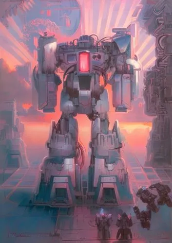 Beautiful oil painting by Frank Frazetta, high contrast giant silver robot, blue ground, pink sky, coral sunset, dramatic volumetric lighting ,mecha,mech,dreadnought,transformer,megatron,tau,machines,