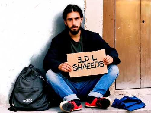 Homeless person, sad expression, worn-out clothes, dirty beard, messy hair, tired eyes, leaning against wall, sitting on pavement, holding a cardboard sign, ripped jeans, old sneakers, worn-out backpa