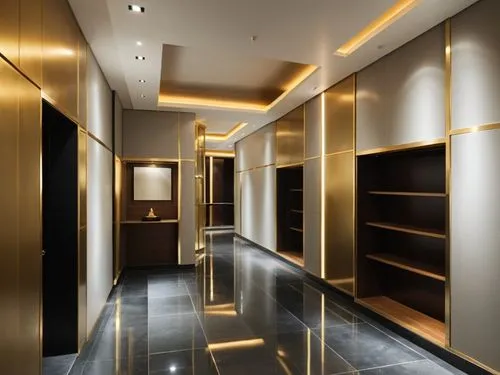 a dark hallway with metal shelving and gold - toned walls,hallway,hallway space,walk-in closet,corridor,wardrobes,closets,Photography,General,Realistic