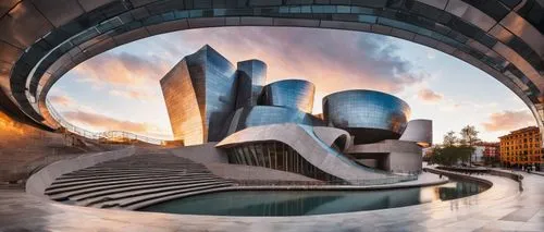 Guggenheim Museum, Bilbao, Spain, futuristic building, flowing curves, titanium panels, shimmering light, atrium, grand staircase, modern art, glass ceiling, marble floor, river Nervion, cityscape, su