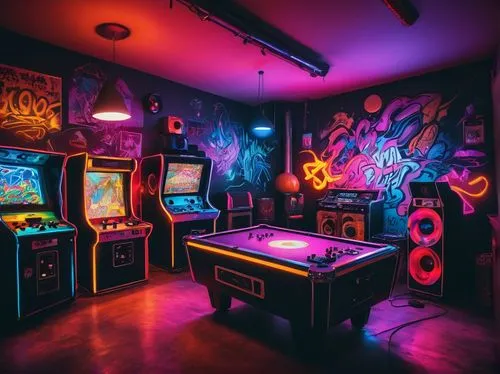 Futuristic living room, neon lights, graffiti walls, industrial pipes, metal beams, LED floor lamps, DJ equipment, vinyl records, colorful bean bags, retro arcade machines, lava lamp, abstract artwork