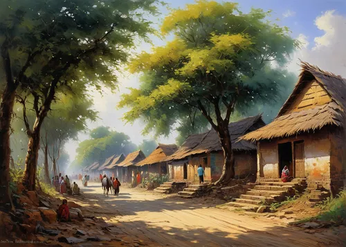 village scene,korean folk village,village life,traditional village,rural landscape,wooden houses,mountain village,villages,street scene,huts,home landscape,korean village snow,khokhloma painting,yunnan,viet nam,chinese art,village street,landscape background,mud village,guizhou,Conceptual Art,Oil color,Oil Color 06