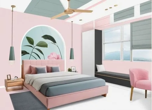 Grey and Rosy Pink Bedroom Oasis interior mood board,bedroom,canopy bed,baby room,modern room,children's bedroom,sleeping room,guest room,kids room,wall sticker,room newborn,pink vector,modern decor,i