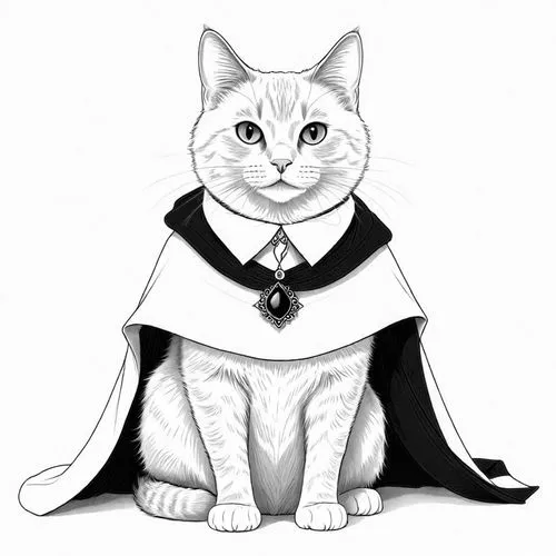 a cat wearing a cape sits with a black necklace on it,mcgonagall,imperial coat,ravenpaw,cat vector,bubastis,supercat,Design Sketch,Design Sketch,Detailed Outline