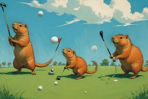 golfers,caddyshack,groundhogs,golf game,prairie dogs,croquet,Illustration,Paper based,Paper Based 17