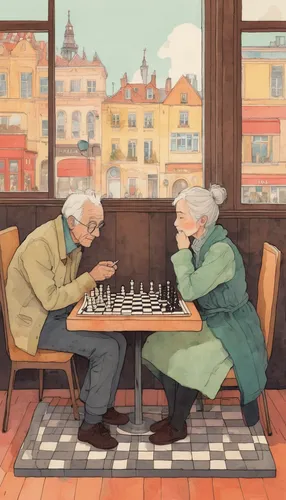 Set in a cozy coffee shop, write a heartwarming tale about an elderly man and a young barista who bond over their shared love for chess.,old couple,chess game,chess men,grandparents,chessboards,chess,