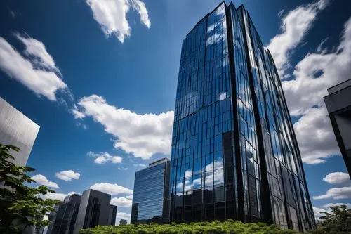 Modern skyscraper, steel frame structure, glass curtain wall, sleek lines, geometric shapes, rooftop garden, cityscape view, urban atmosphere, sunny day, dramatic clouds, contrast lighting, 3/4 compos