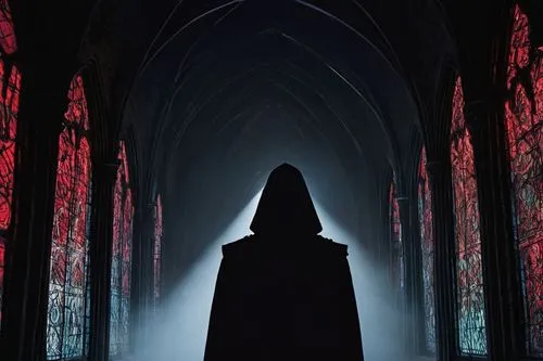 haunted cathedral,blood church,the nun,cloak,hall of the fallen,benedictine,hooded man,sepulchre,the abbot of olib,dracula,grimm reaper,archimandrite,gothic,the black church,portal,gothic portrait,grim reaper,dark gothic mood,crypt,pilgrimage,Art,Artistic Painting,Artistic Painting 48