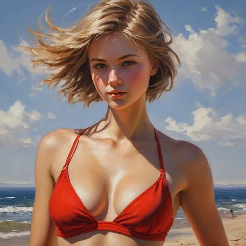 donsky,blonde woman,beach background,photorealist,lifeguard,red,blonde girl,man in red dress,blond girl,world digital painting,oil painting,female model,girl in red dress,jasinski,lopilato,girl on the dune,zakharov,colsaerts,photo painting,ann,Art,Classical Oil Painting,Classical Oil Painting 18