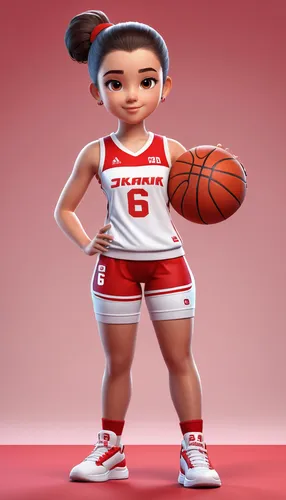 Young girl, digital illustration, girl in basketball uniform, full body, standing position, jersey number 6, holding basketball, short bobbed hair, sharp white and red sportswear, sneakers, bright red