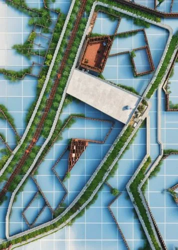 haz de esta planta 2 edificios en una manzana con espacio publico 
,an aerial view of a city from the air,military training area,river course,basemap,race track,artificial islands,layout,Photography,G