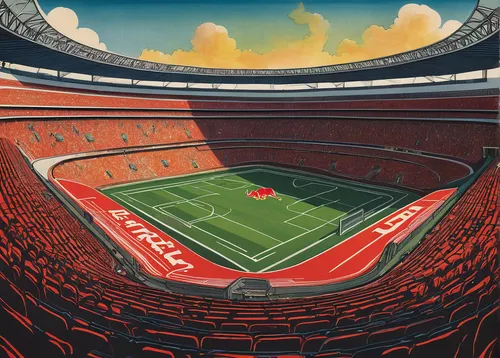 Illustrate a vibrant Redbull logo in an adrenaline-fueled sports stadium.,football stadium,rfk stadium,european football championship,football,football field,soccer-specific stadium,coliseum,the sea o