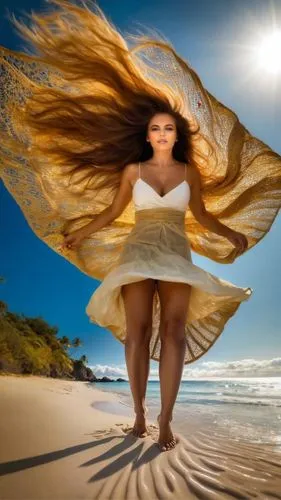 Hermosa, ojos grandes color miel, cabello haciendo giros con el viento, resplandor del sol a sus espaldas, imagen de alta calidad HDR,woman on the beach with a dress in the wind,little girl in wind,gi