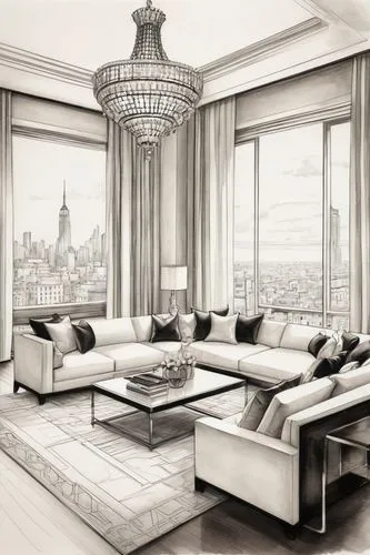 penthouses,apartment lounge,livingroom,living room,modern living room,luxury home interior,donghia,great room,contemporary decor,search interior solutions,3d rendering,sitting room,wallcoverings,family room,appartement,modern room,hovnanian,renderings,interior modern design,interior decoration,Illustration,Black and White,Black and White 30