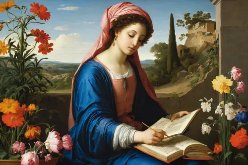 girl picking flowers,girl in the garden,girl studying,woman praying,the annunciation,child with a book,the prophet mary,meticulous painting,girl in flowers,woman holding a smartphone,girl at the computer,woman playing,girl with cloth,renaissance,praying woman,girl picking apples,the magdalene,bellini,portrait of a girl,painting technique,Art,Classical Oil Painting,Classical Oil Painting 33