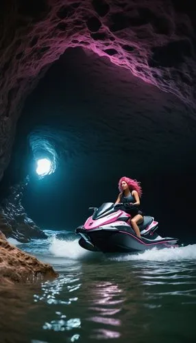 pink-hair fit woman, riding jet ski, huge chest, small waist, she has a long and curly hair, ((tight in a cave crevice)) illuminated by natural light. Shot with a Zeiss Otus 55 mm lens F/1.4, very det