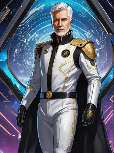 Admiral AI, futuristic sci-fi, male, strong facial features, short white hair, blue eyes with a hint of glow, metallic silver coat with gold accents, high-ranking badges, formal black pants, shiny bla