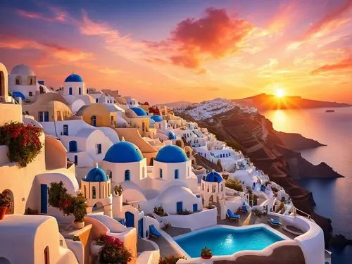 santorini sunset,a sunset and a view over a very pretty sea,greek islands,greek island,greece,santorini,grecia,cyclades,Illustration,Realistic Fantasy,Realistic Fantasy 01