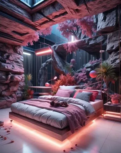 3d fantasy,sleeping room,great room,abandoned room,modern room,bedroom,interior design,ufo interior,3d rendering,rooms,3d render,inverted cottage,3d background,fractal environment,ornate room,virtual landscape,modern decor,canopy bed,attic,tropical house