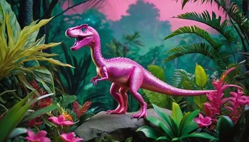 Doll-like dinosaur, pink sparkly hair, glittery eyes, Barbie-like facial features, small waist, long legs, high heels, shiny scales, bright colors, tropical forest background, exotic flowers, vines, m